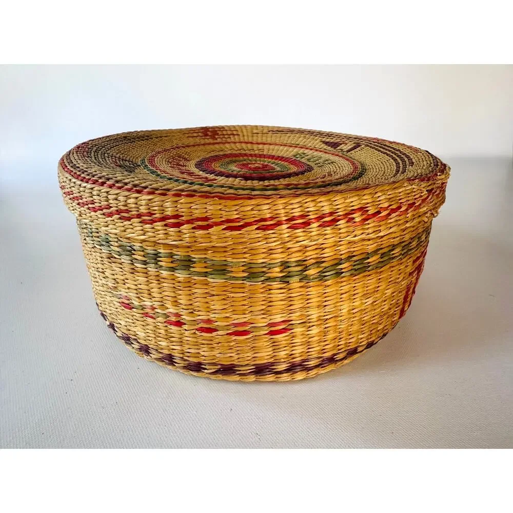 Vintage Handwoven Lidded Sweetgrass Basket with Colorful Geometric Design